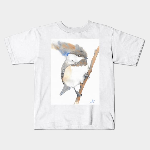 Black-capped Chickadee Poecile atricapillus watercolor portrait white Kids T-Shirt by Oranjade0122